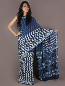 Indigo White Bagru Dabu Hand Block Printed in Cotton Mul Saree - S03170904