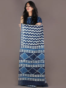Indigo White Bagru Dabu Hand Block Printed in Cotton Mul Saree - S03170904
