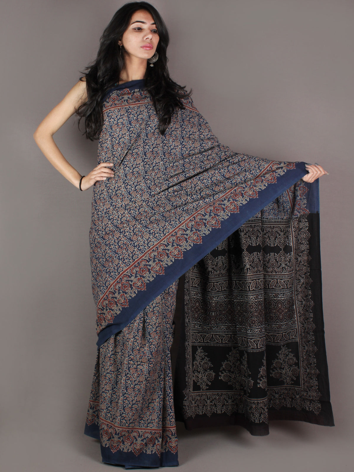 Indigo Grey Maroon Black Mughal Nakashi Ajrakh Hand Block Printed in Natural Vegetable Colors Cotton Mul Saree - S03170906