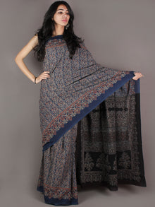 Indigo Grey Maroon Black Mughal Nakashi Ajrakh Hand Block Printed in Natural Vegetable Colors Cotton Mul Saree - S03170906