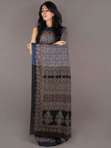 Indigo Grey Maroon Black Mughal Nakashi Ajrakh Hand Block Printed in Natural Vegetable Colors Cotton Mul Saree - S03170906
