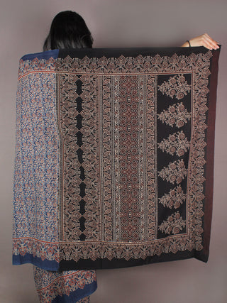 Indigo Grey Maroon Black Mughal Nakashi Ajrakh Hand Block Printed in Natural Vegetable Colors Cotton Mul Saree - S03170906