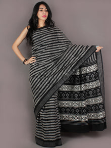 Black White Grey Hand Block Printed in Natural Colors Cotton Mul Saree - S03170908
