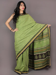 Persian Green Ivory Brown Yellow Hand Block Printed in Natural Colors Cotton Mul Saree - S03170909