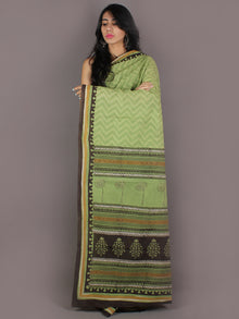 Persian Green Ivory Brown Yellow Hand Block Printed in Natural Colors Cotton Mul Saree - S03170909