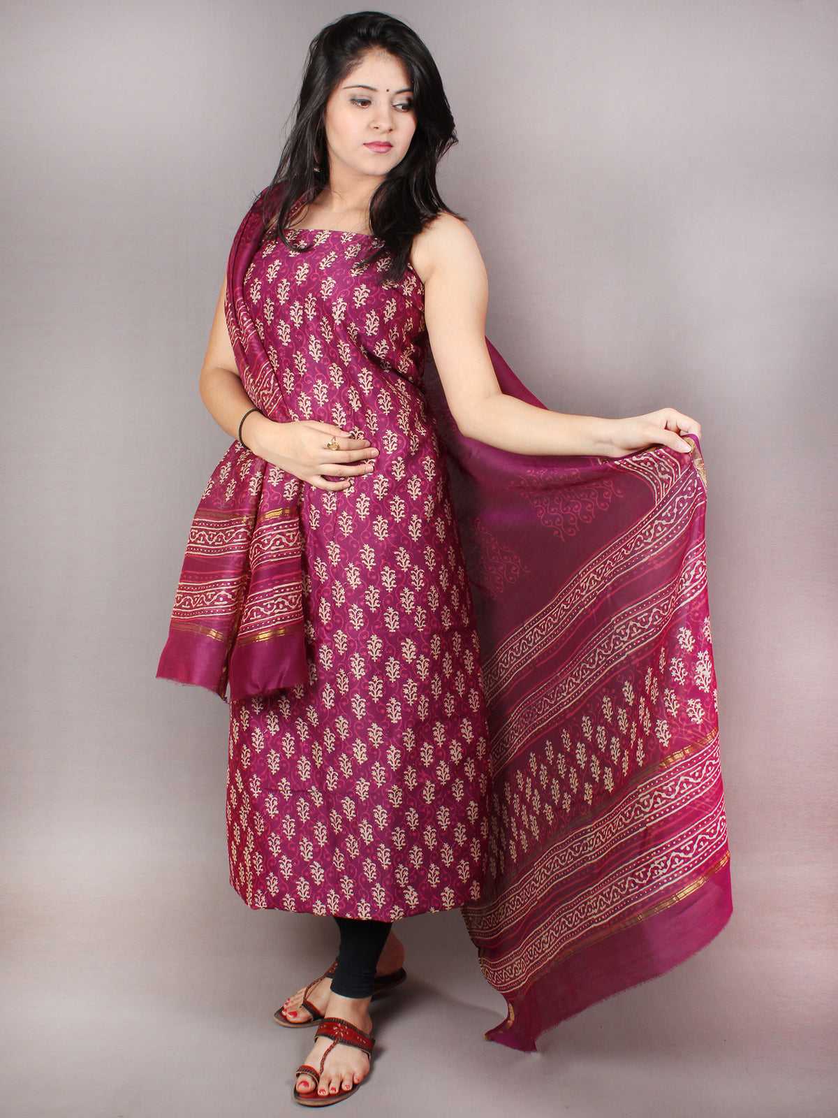Fandango Pink Beige Hand Block Printed Chanderi Kurta-Salwar Fabric With Chanderi Dupatta - S1628091