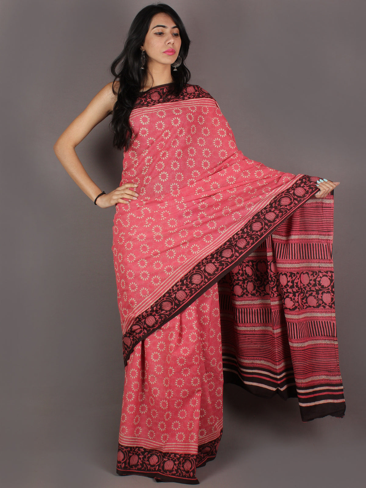 Pink White Brown Hand Block Printed in Natural Colors Cotton Mul Saree - S03170912