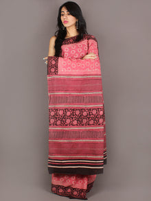 Pink White Brown Hand Block Printed in Natural Colors Cotton Mul Saree - S03170912