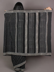 Black Grey White Hand Block Printed in Natural Colors Cotton Mul Saree - S03170914