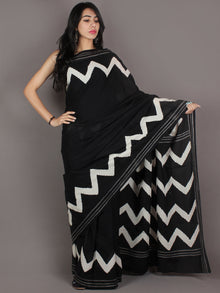 Black White Grey Hand Block Printed in Natural Colors Cotton Mul Saree - S03170916
