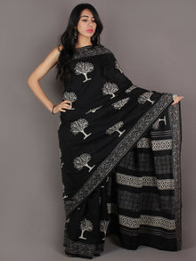 Black White Grey Hand Block Printed in Natural Colors Cotton Mul Saree - S03170918