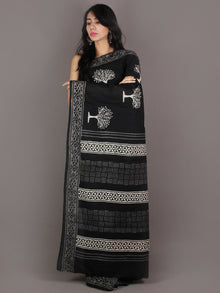 Black White Grey Hand Block Printed in Natural Colors Cotton Mul Saree - S03170918