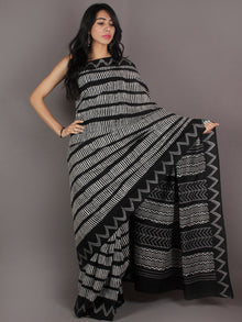 Black Grey White Hand Block Printed in Natural Colors Cotton Mul Saree - S03170920