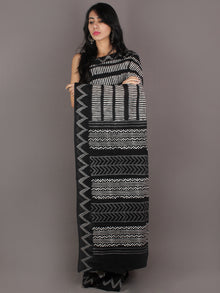 Black Grey White Hand Block Printed in Natural Colors Cotton Mul Saree - S03170920