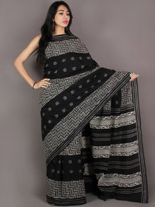 Black White Grey Hand Block Printed in Natural Colors Cotton Mul Saree - S03170921