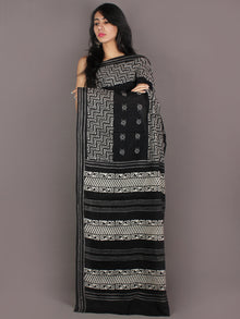 Black White Grey Hand Block Printed in Natural Colors Cotton Mul Saree - S03170921