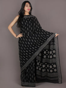 Black Grey White Hand Block Printed in Natural Colors Cotton Mul Saree - S03170922