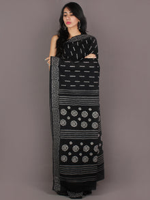 Black Grey White Hand Block Printed in Natural Colors Cotton Mul Saree - S03170922