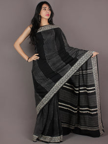 Black White Grey Hand Block Printed in Natural Colors Cotton Mul Saree - S03170924