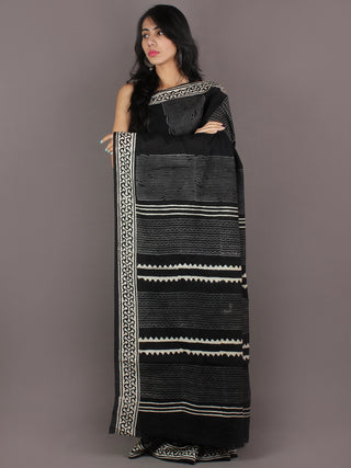 Black White Grey Hand Block Printed in Natural Colors Cotton Mul Saree - S03170924