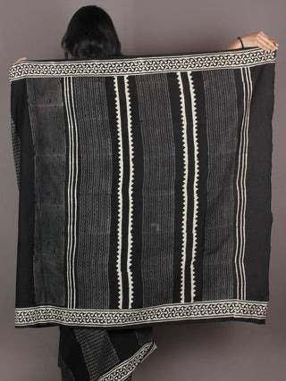 Black White Grey Hand Block Printed in Natural Colors Cotton Mul Saree - S03170924