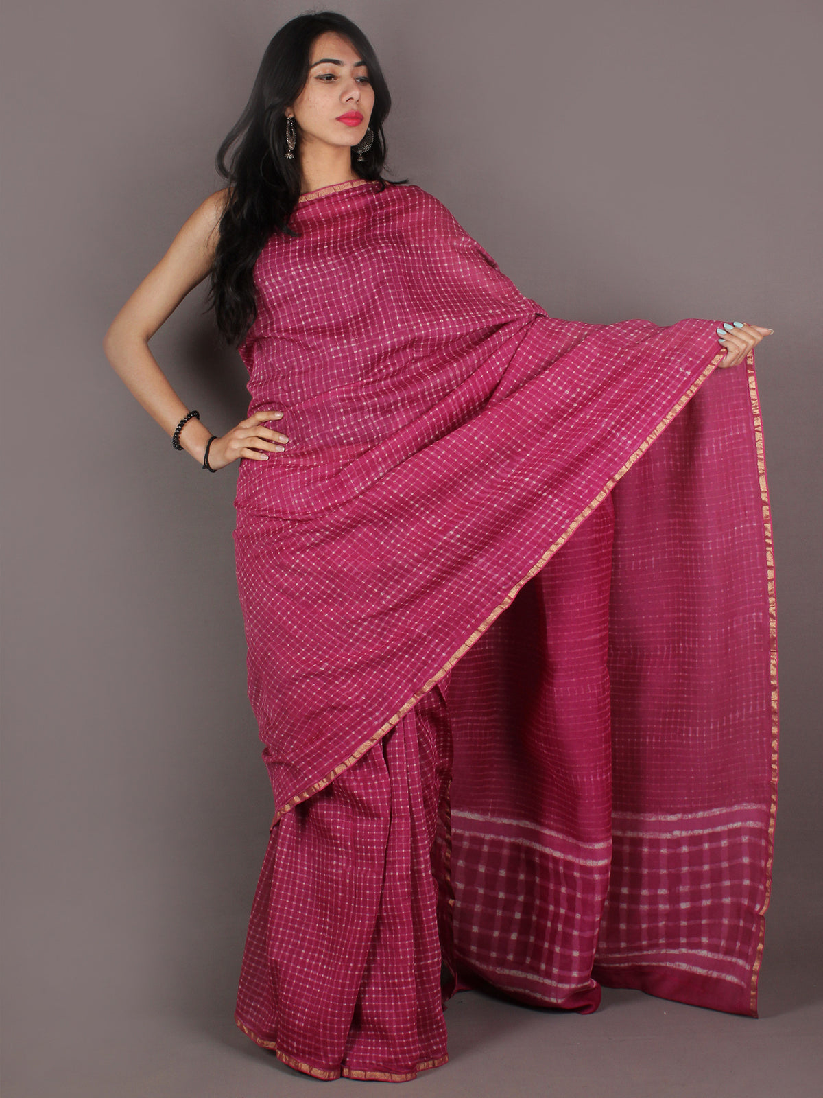 Pink White Hand Block Printed in Natural Colors Chanderi Saree - S03170925