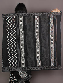 Black Grey White Hand Block Printed in Natural Colors Cotton Mul Saree - S03170930