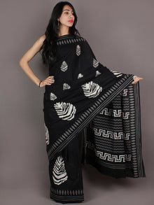 Black White Grey Hand Block Printed in Natural Colors Cotton Mul Saree - S03170933