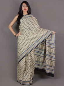 Ivory Blue Black Hand Block Printed in Natural Colors Cotton Mul Saree - S03170934