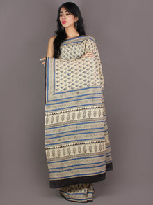 Ivory Blue Black Hand Block Printed in Natural Colors Cotton Mul Saree - S03170934
