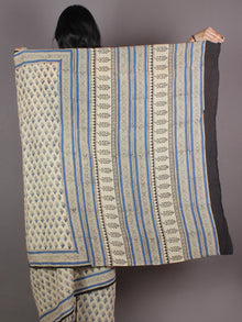 Ivory Blue Black Hand Block Printed in Natural Colors Cotton Mul Saree - S03170934