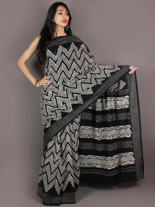 Black White Grey Hand Block Printed in Natural Colors Cotton Mul Saree - S03170935