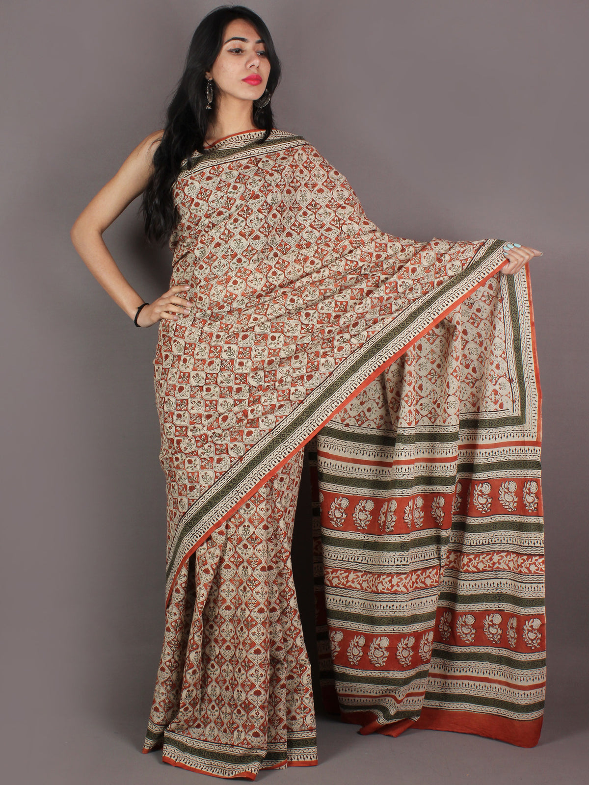 Ivory Orange Black Green Hand Block Printed in Natural Colors Cotton Mul Saree - S03170936