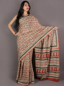 Ivory Orange Black Green Hand Block Printed in Natural Colors Cotton Mul Saree - S03170936