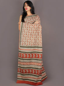 Ivory Orange Black Green Hand Block Printed in Natural Colors Cotton Mul Saree - S03170936