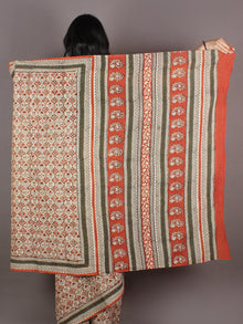 Ivory Orange Black Green Hand Block Printed in Natural Colors Cotton Mul Saree - S03170936
