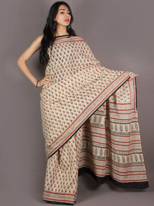 Ivory Maroon Black Hand Block Printed in Natural Colors Cotton Mul Saree - S03170937