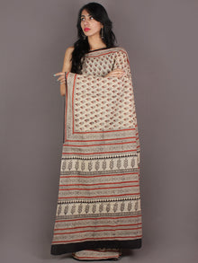 Ivory Maroon Black Hand Block Printed in Natural Colors Cotton Mul Saree - S03170937