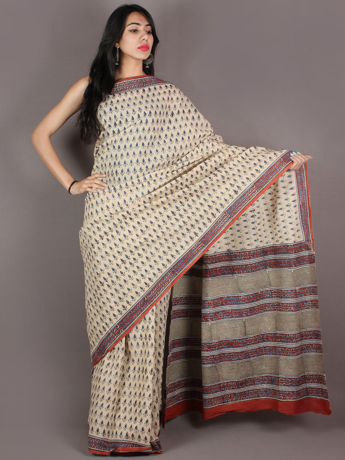 Ivory Orange Blue Hand Block Printed in Natural Colors Cotton Mul Saree - S03170938