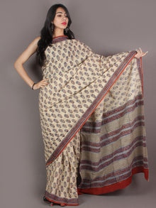 Ivory Orange Blue Brown Hand Block Printed in Natural Colors Cotton Mul Saree - S03170939