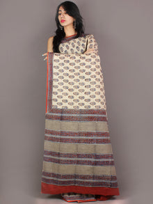 Ivory Orange Blue Brown Hand Block Printed in Natural Colors Cotton Mul Saree - S03170939