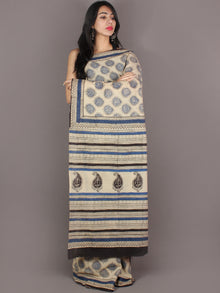 Ivory Indigo Black Hand Block Printed in Natural Colors Cotton Mul Saree - S03170940
