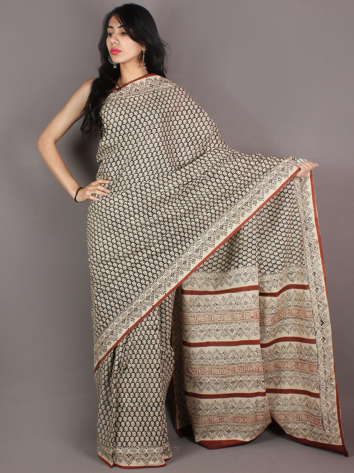 Ivory Black Brown Hand Block Printed in Natural Colors Cotton Mul Saree - S03170941