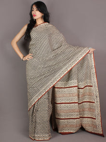 Ivory Black Brown Hand Block Printed in Natural Colors Cotton Mul Saree - S03170941