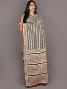 Ivory Black Brown Hand Block Printed in Natural Colors Cotton Mul Saree - S03170941