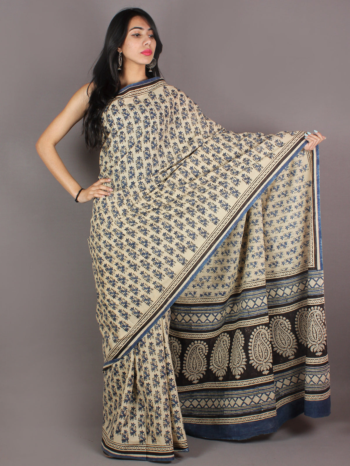 Ivory Indigo Black Hand Block Printed in Natural Colors Cotton Mul Saree - S03170943