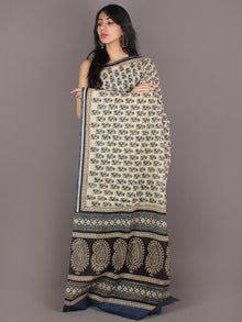Ivory Indigo Black Hand Block Printed in Natural Colors Cotton Mul Saree - S03170943