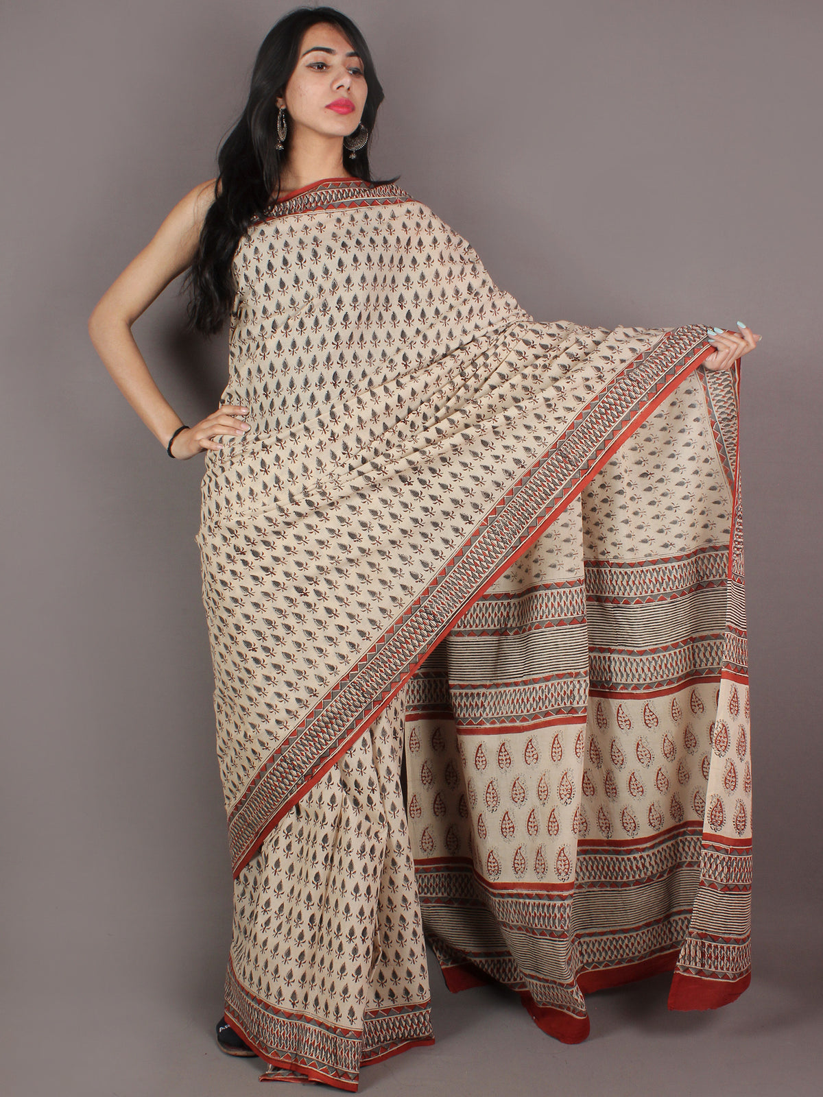 Ivory Maroon Grey Hand Block Printed in Natural Colors Cotton Mul Saree - S03170946