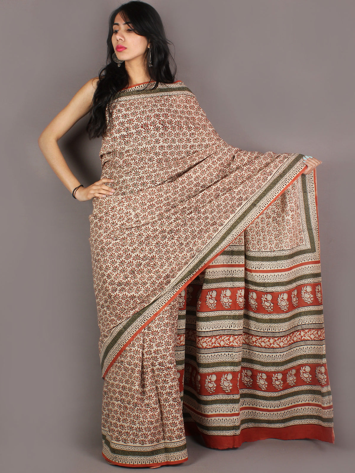 Ivory Green Maroon Hand Block Printed in Natural Colors Cotton Mul Saree - S03170947