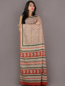 Ivory Green Maroon Hand Block Printed in Natural Colors Cotton Mul Saree - S03170947